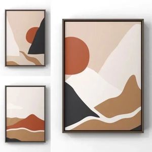 Set of Three, Trendy Boho Wall art Mountain and sun over Mountain Tan Brown.